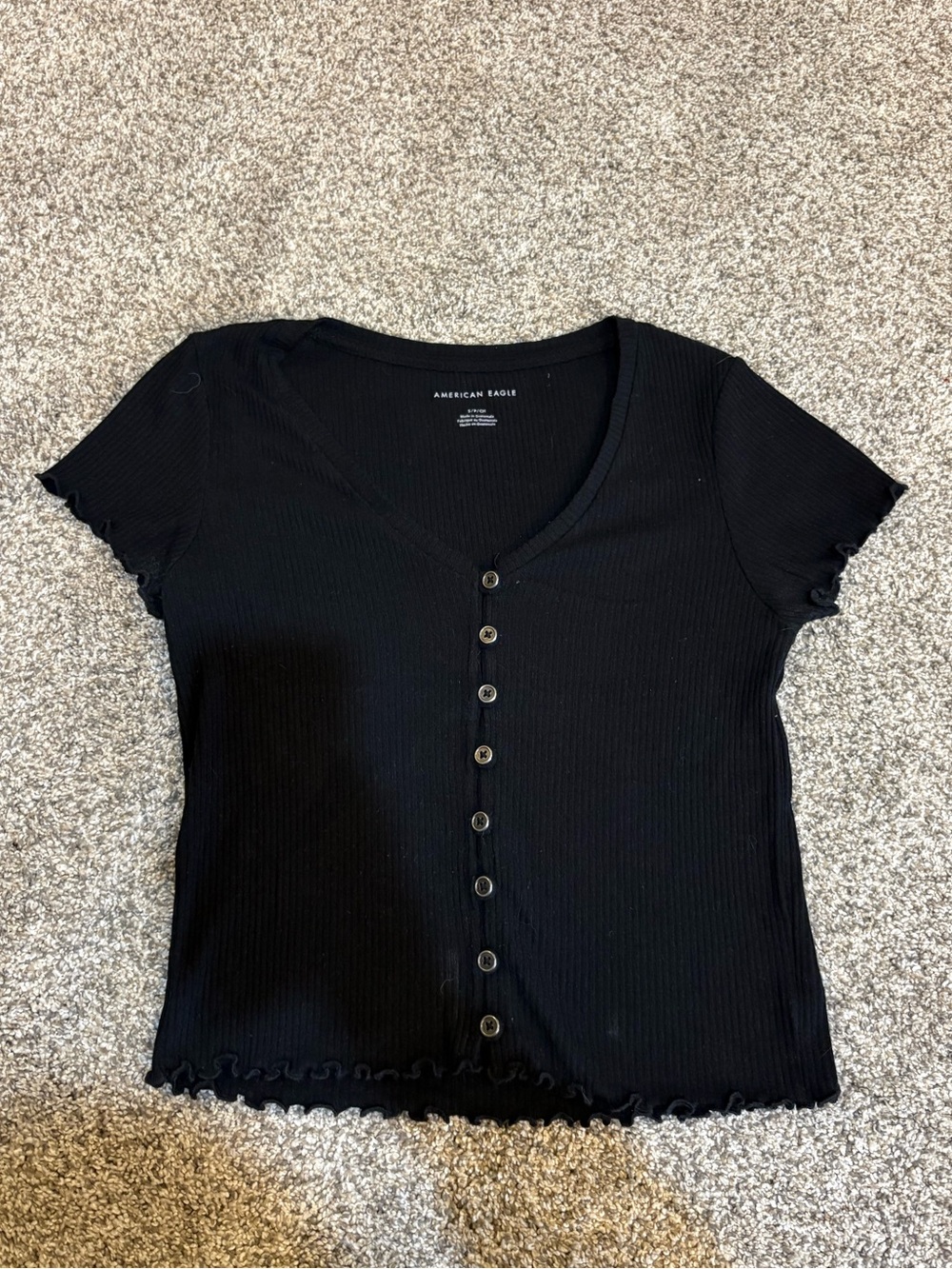 American Eagle Outfitters Black Ribbed Button-Front V-Neck Lettuce-Hem Tee